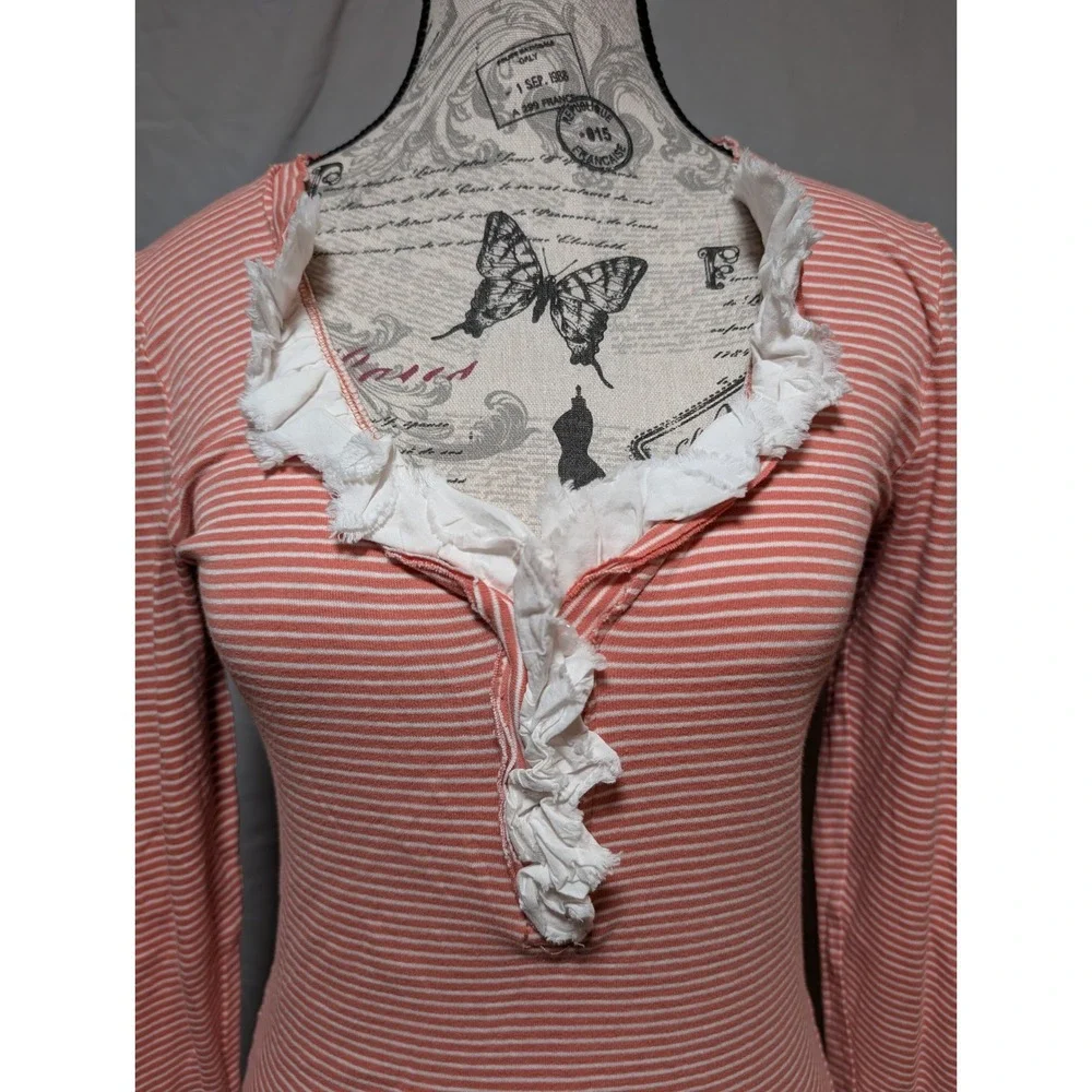 J Crew Peach White Striped Ruffle Button Front Cotton Henley Top Women's‎ Small